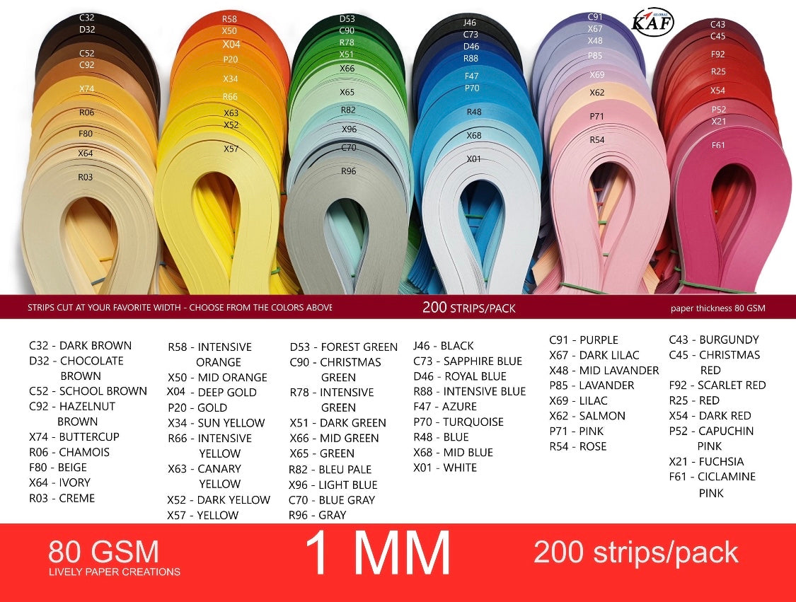 Beginner CLASS for 1mm Quilling Strips includes 2 tools and 3 packages of paper in different weights.  Choose your colors! Great lessons!