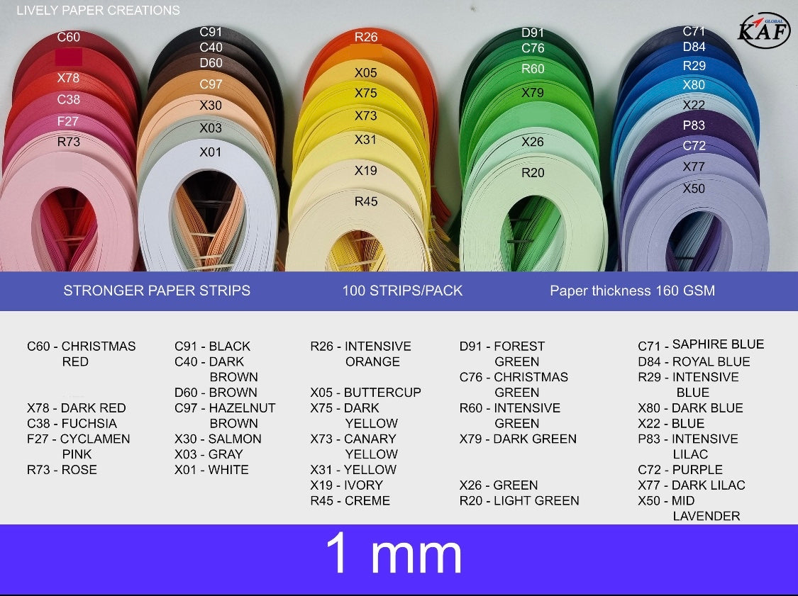 Beginner CLASS for 1mm Quilling Strips includes 2 tools and 3 packages of paper in different weights.  Choose your colors! Great lessons!